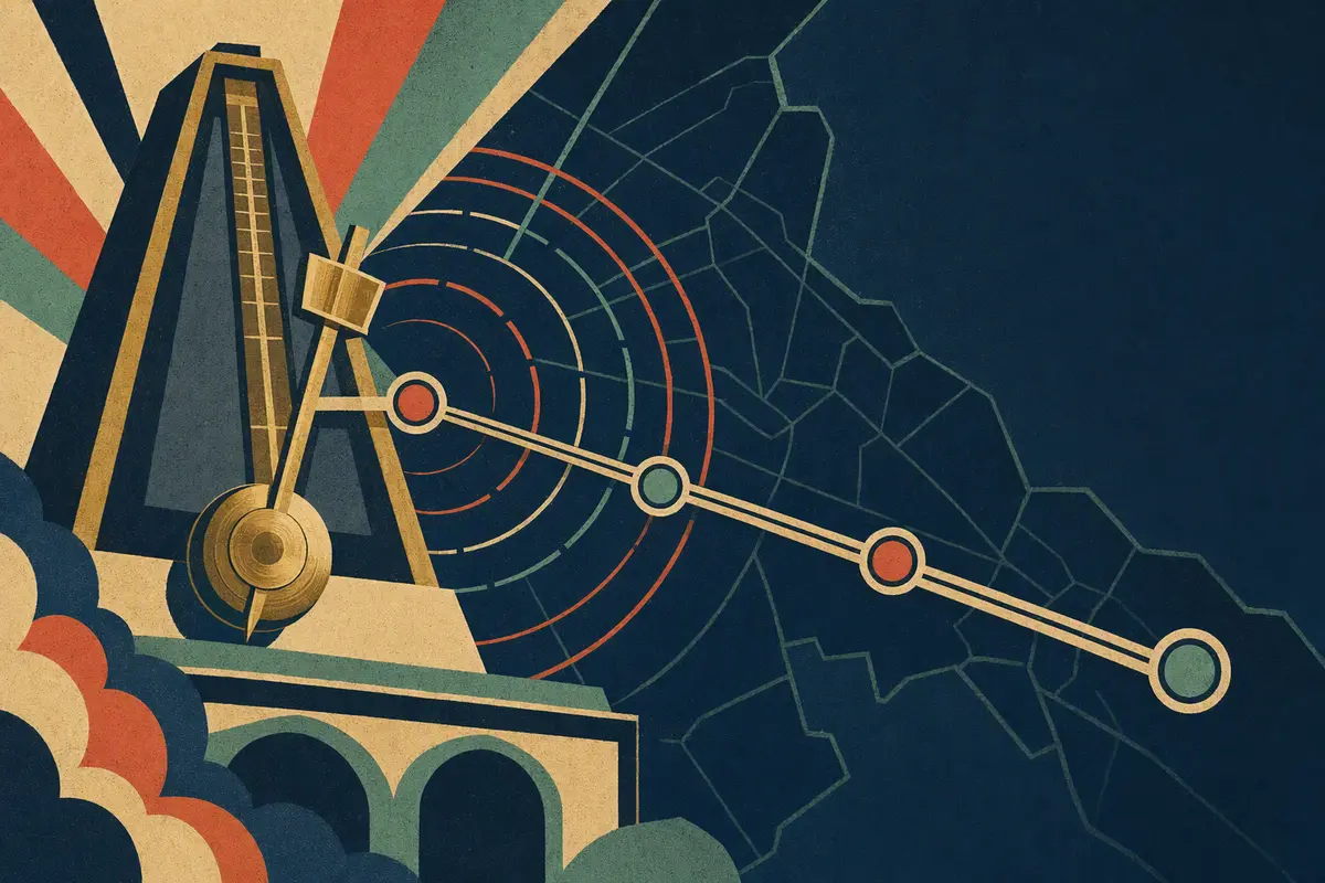 Art-deco metronome pendulum crossing a four-stop transit line